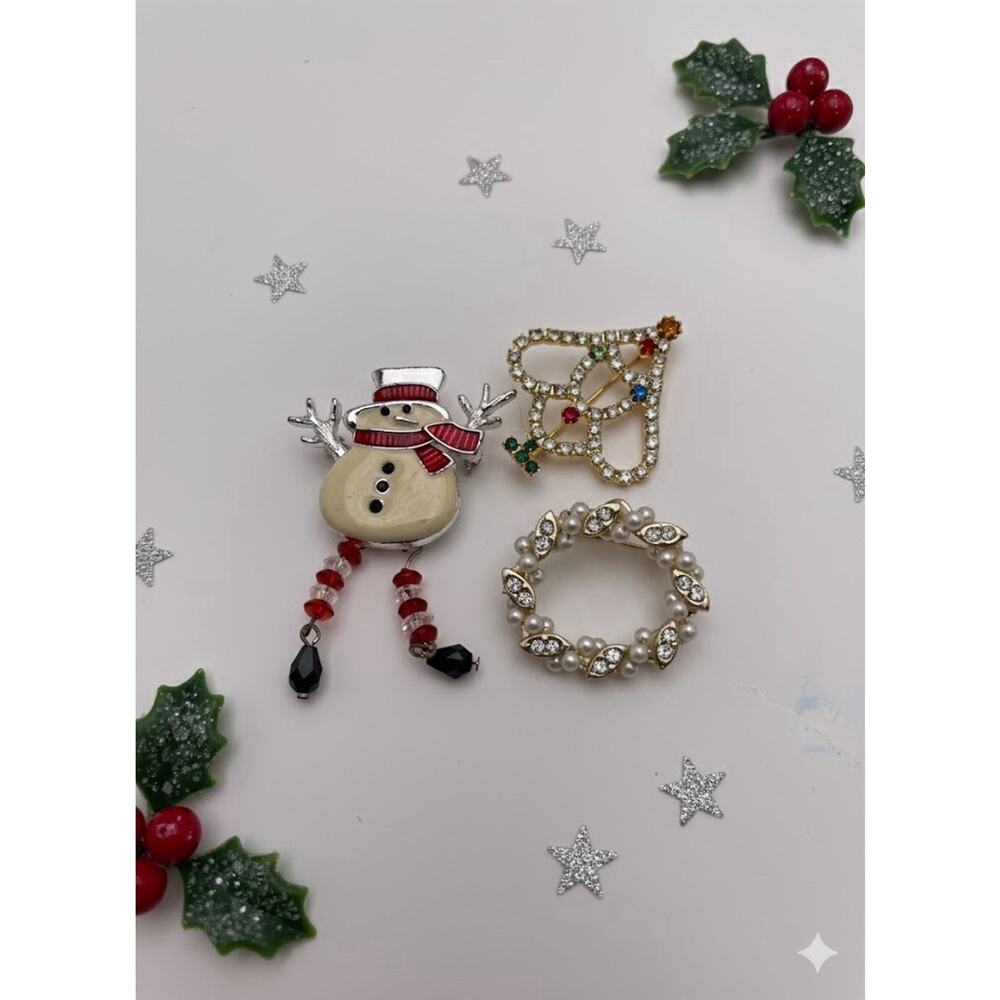 Vintage Christmas Brooch Lot of 3 OTC Snowman Rhinestone Tree Pearl Wreath Pin S
